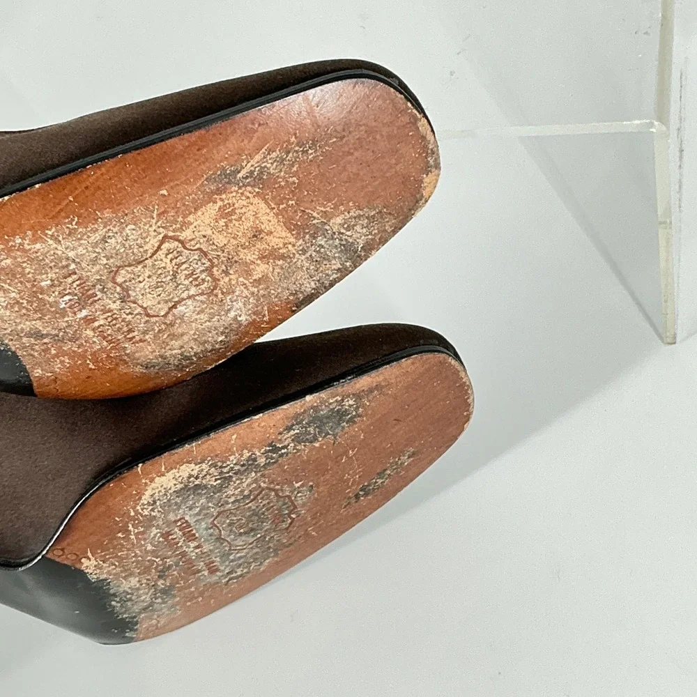 Stuart Weitzman Size 6.5 Brown Satin Square Toe Block Heel Pumps